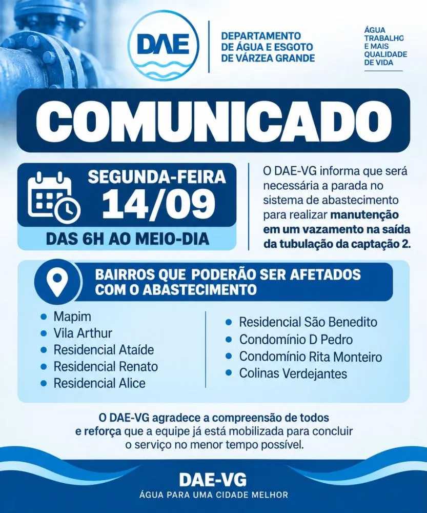 DAE-VG realiza manutenção emergencial na Captação 2 nesta segunda-feira