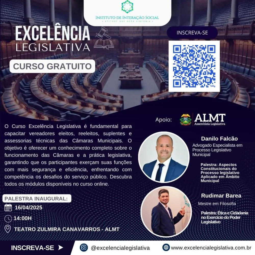 Curso Gratuito de Excelência Legislativa será realizado em Cuiabá para capacitar vereadores, gestores e população